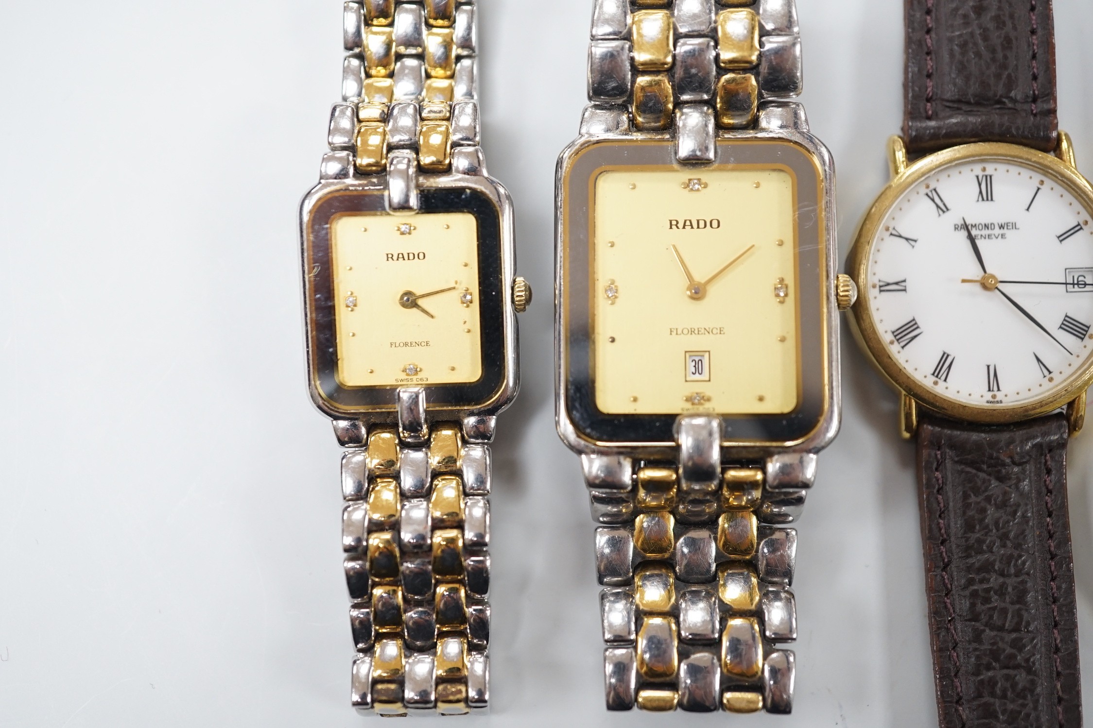 Five assorted wrist watches including lady's gold plated Omega De Ville, with box, a lady's and gentleman's steel and gold plated Rado, Raymond Weil and Casio digital.